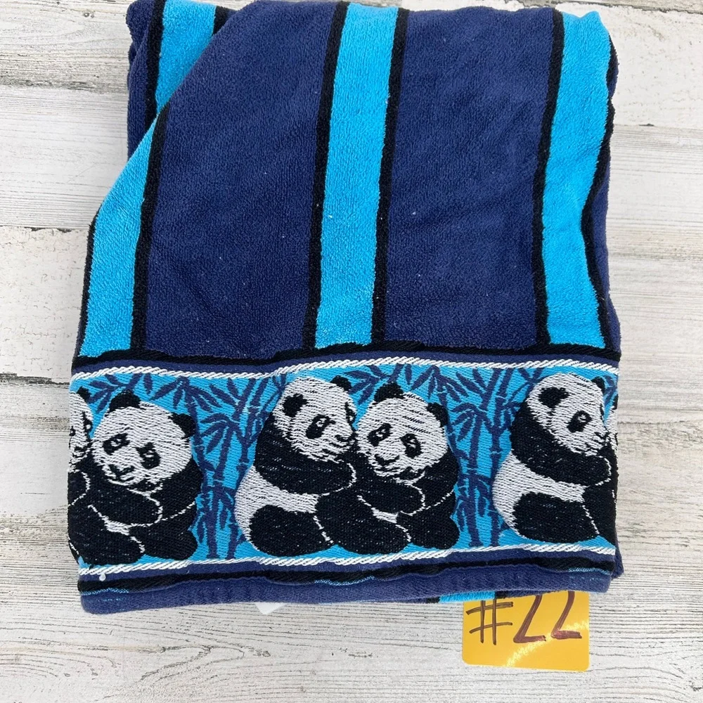 Vintage Panda Embroidered Beach Towel Blue Stripped Cotton